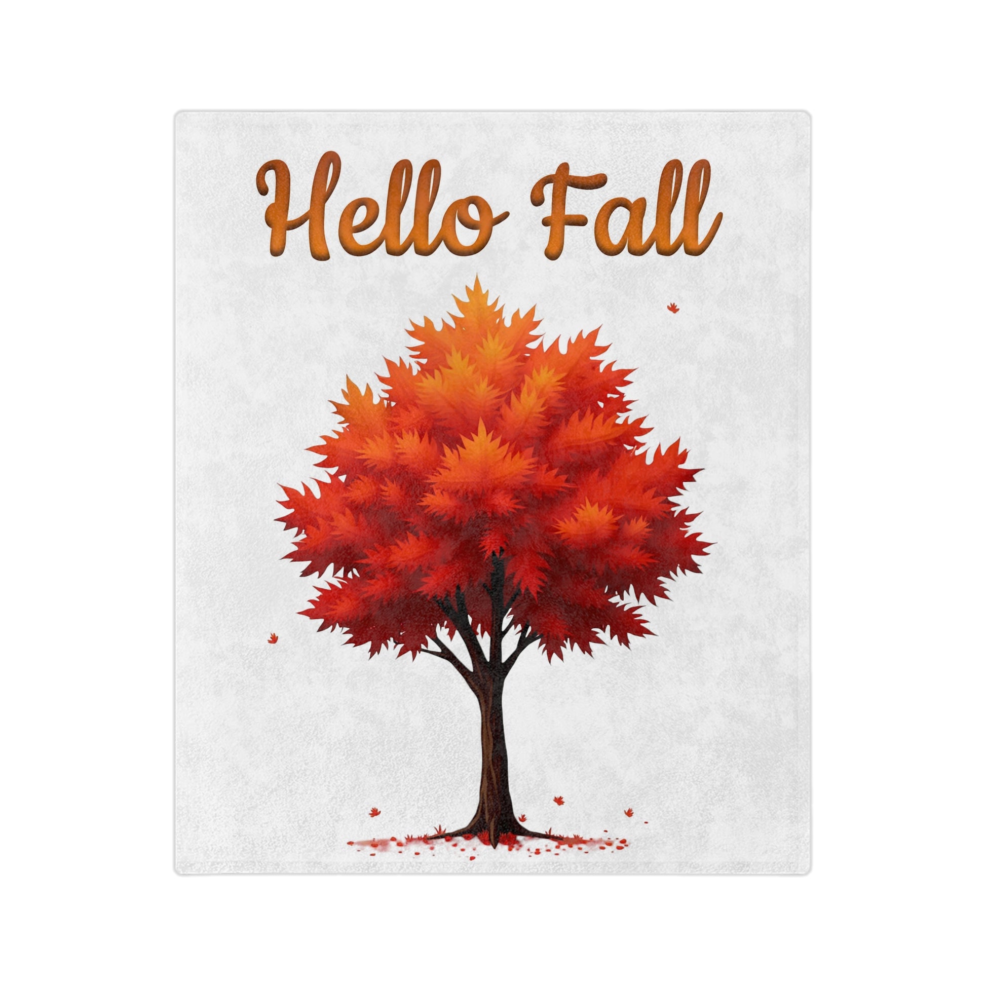 Hello Fall velveteen blanket with a vibrant illustration of an autumn tree with red and orange leaves, on a white background.

