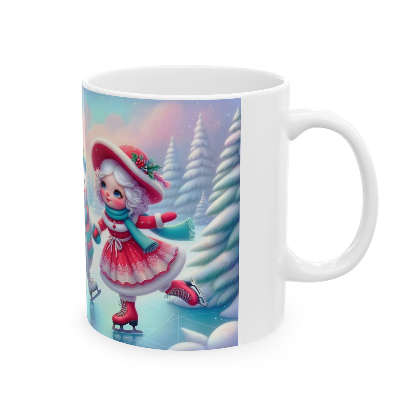 Full-wrap ceramic coffee mug with a festive illustration of Santa, a snowman, and another figure ice skating together in a snowy winter scene.