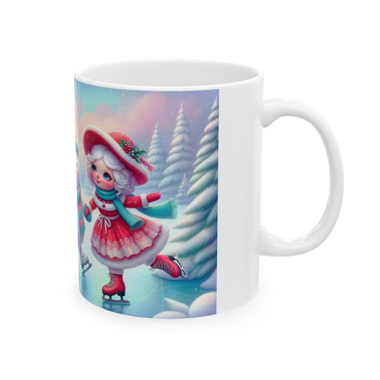 Full-wrap ceramic coffee mug with a festive illustration of Santa, a snowman, and another figure ice skating together in a snowy winter scene.