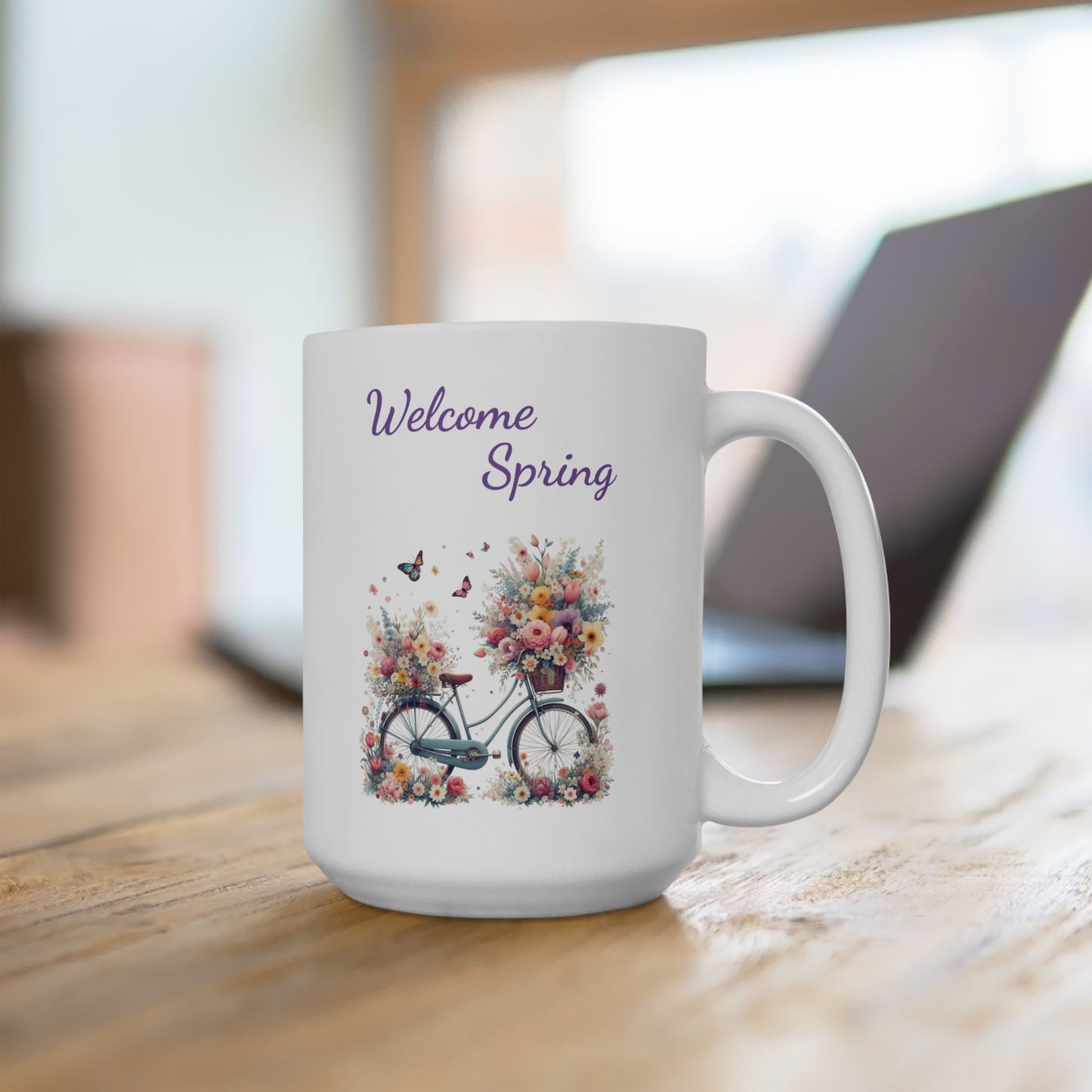"Welcome Spring" Floral Bicycle Coffee Mug