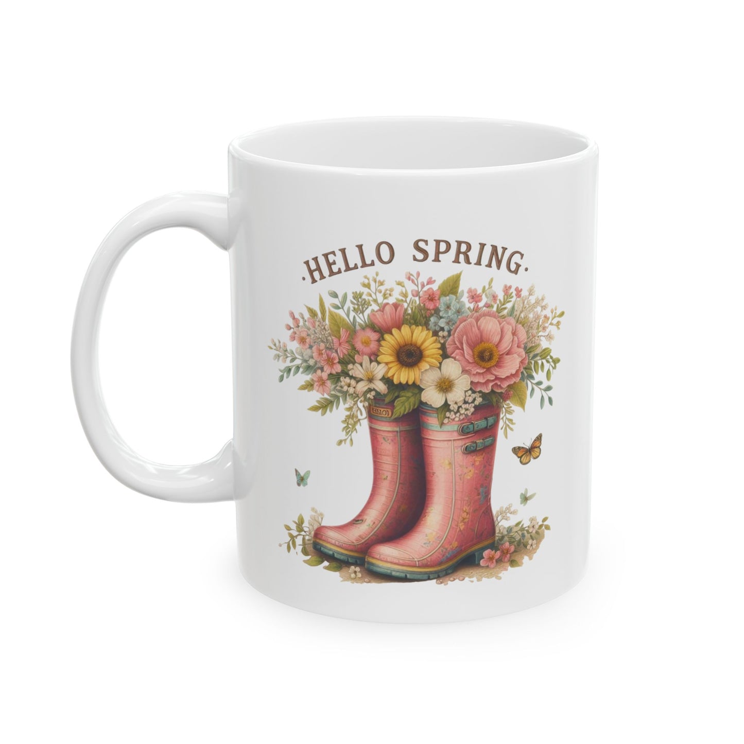 "Hello Spring" Floral Rain Boot Coffee Mug