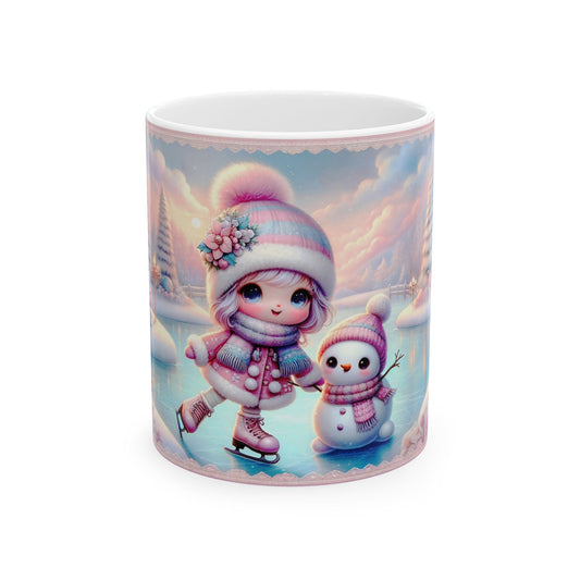 White ceramic coffee mug with a whimsical illustration of a cute girl with pink hair and a warm winter outfit, ice skating with a small, smiling snowman, in a snowy winter landscape at sunset.

