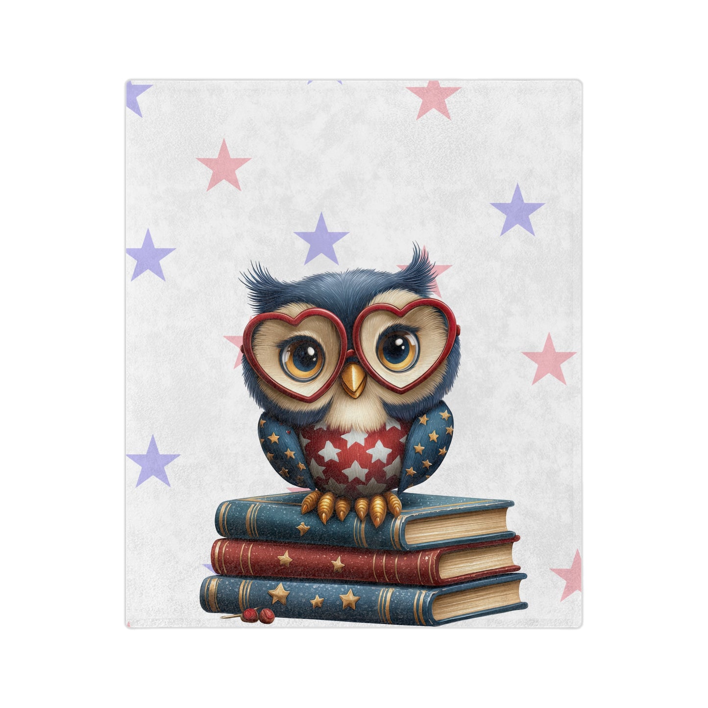 Plush 4th of July blanket with a cute owl in heart glasses sitting on books, surrounded by red and blue stars
