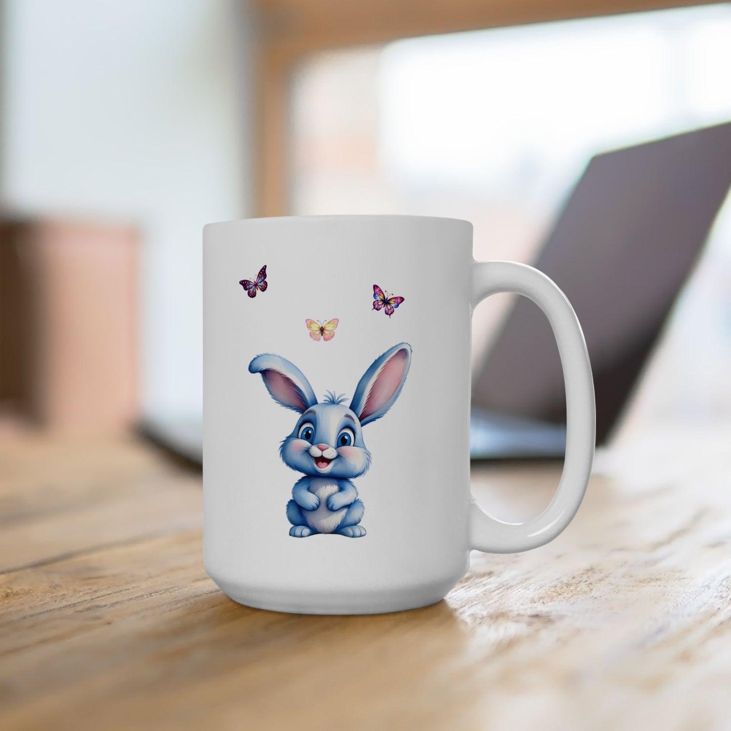 Adorable Blue Bunny & Butterflies Ceramic Mug
