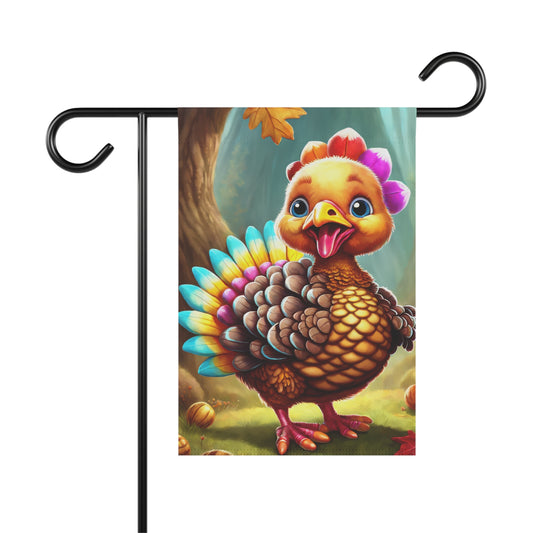 “Cute cartoon turkey with colorful feathers on a fall garden flag – Thanksgiving outdoor decoration”