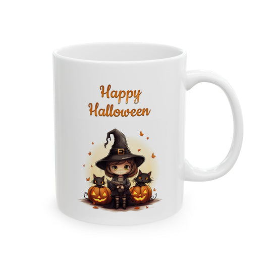 White ceramic coffee mug with a "Happy Halloween" design featuring a cute witch, black cats, and pumpkins.

