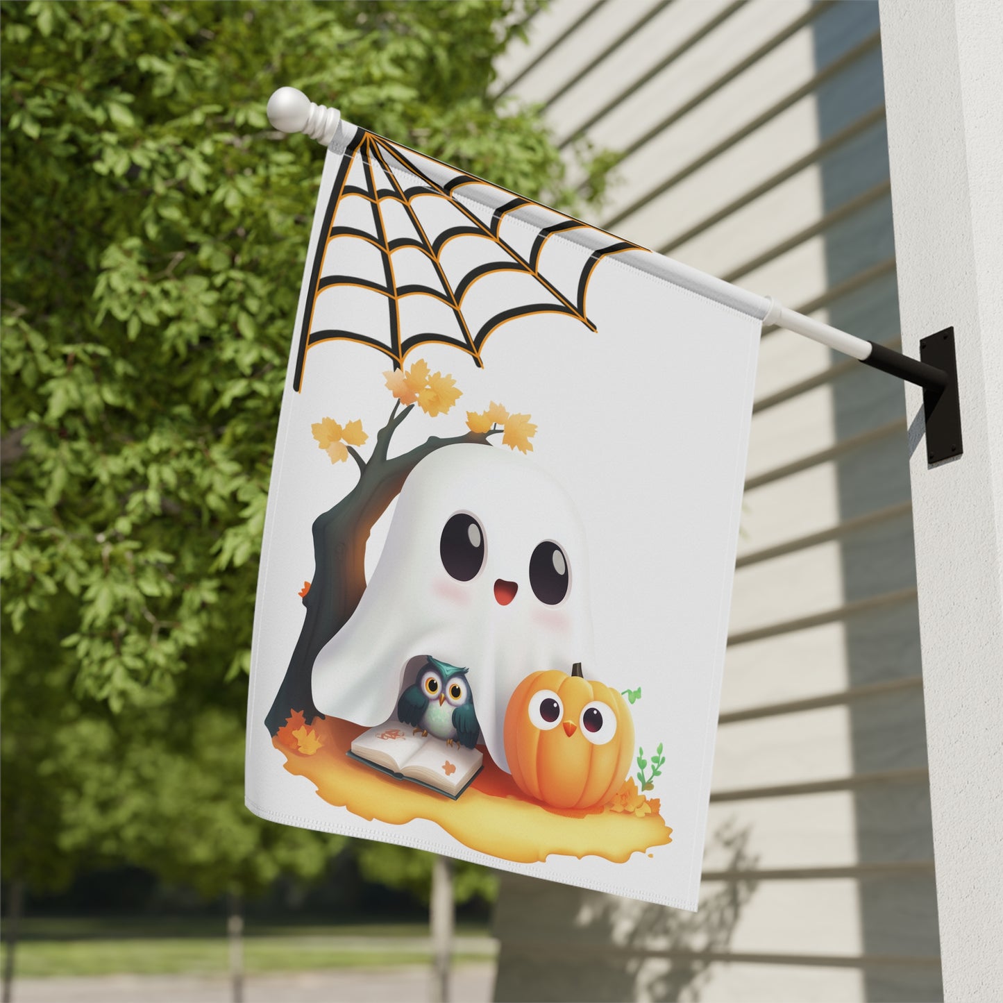 Cute Ghost and Owl Halloween Garden Flag