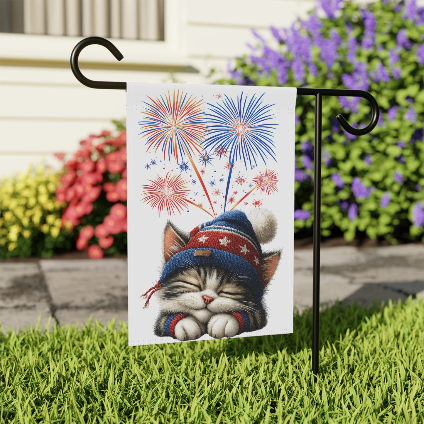 Sleepy Kitten on 4th of July Garden Flag