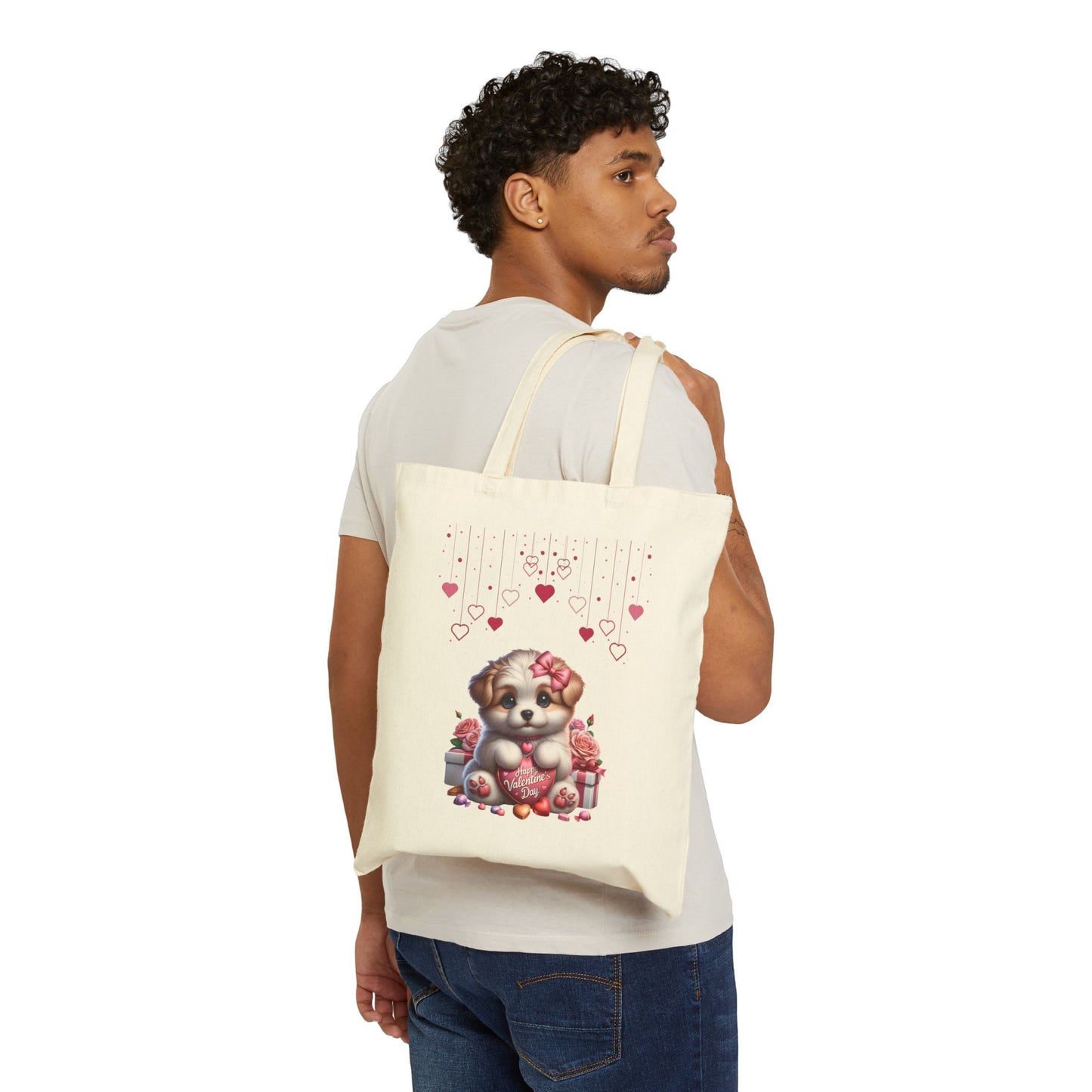 Happy Valentine's Day Puppy Canvas Tote Bag with Love Heart