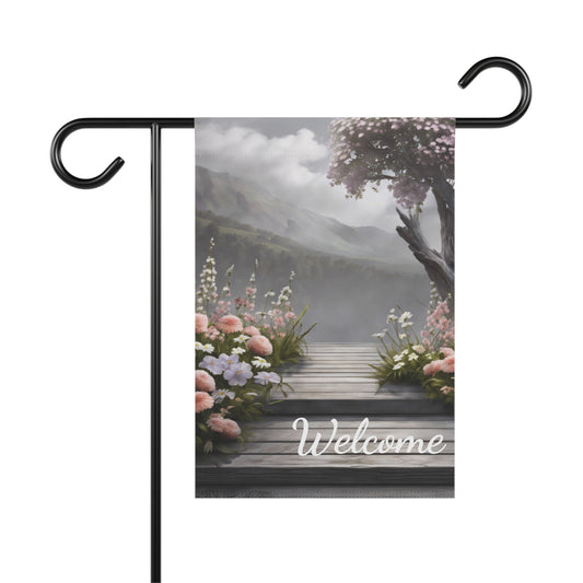 Welcome garden flag with mountain view, floral path, and peaceful landscape background – outdoor seasonal yard decor

