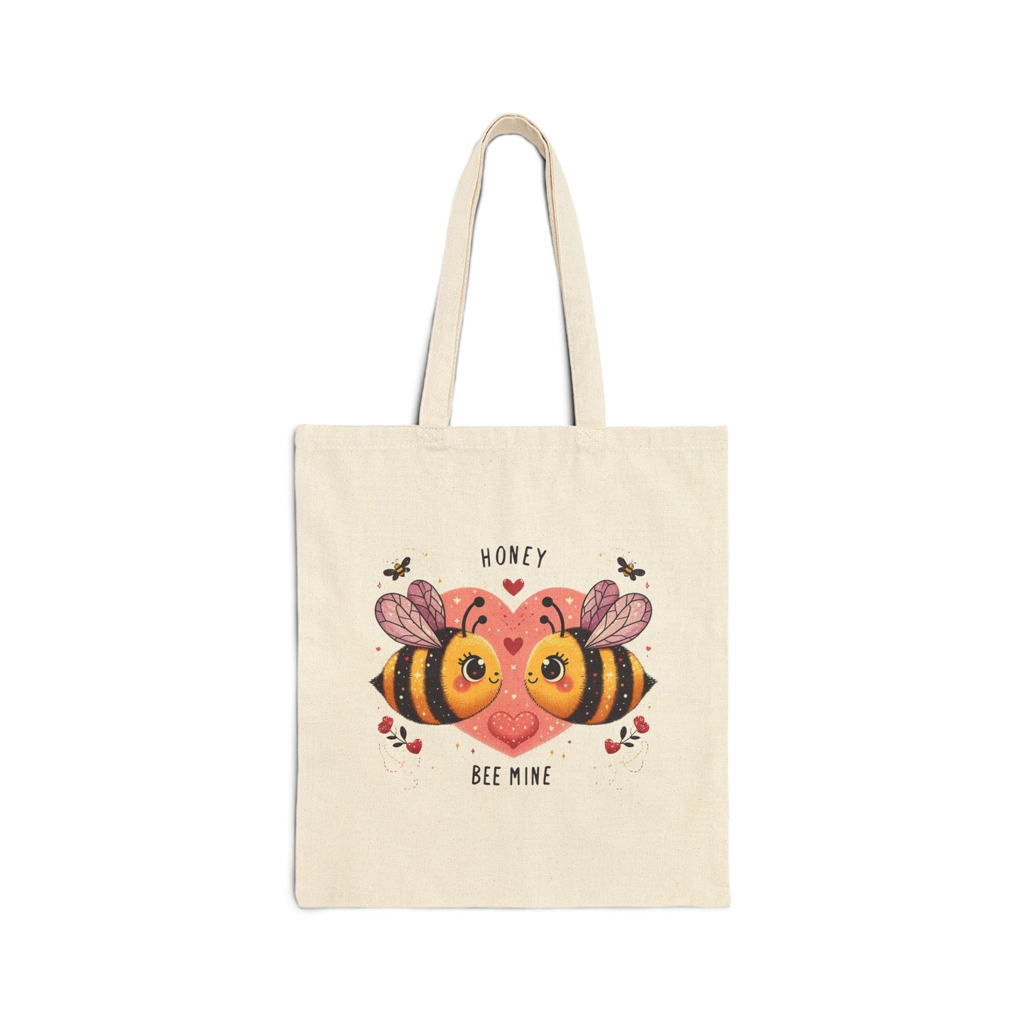 Canvas tote bag with a "Honey Bee Mine" print featuring two cute honey bees and a large pink heart.

