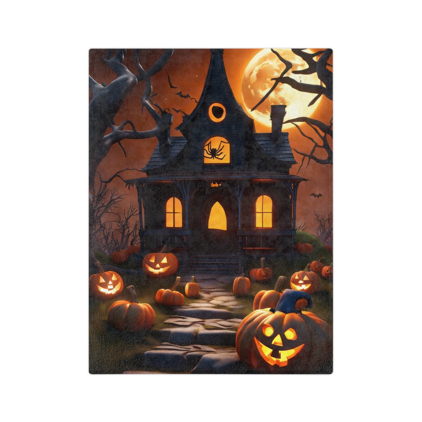 Spooky Spider Haunted House Halloween Plush Blanket with a haunted house, large orange moon, spider silhouette, bats, gnarled trees, and a path of glowing jack-o'-lanterns.

