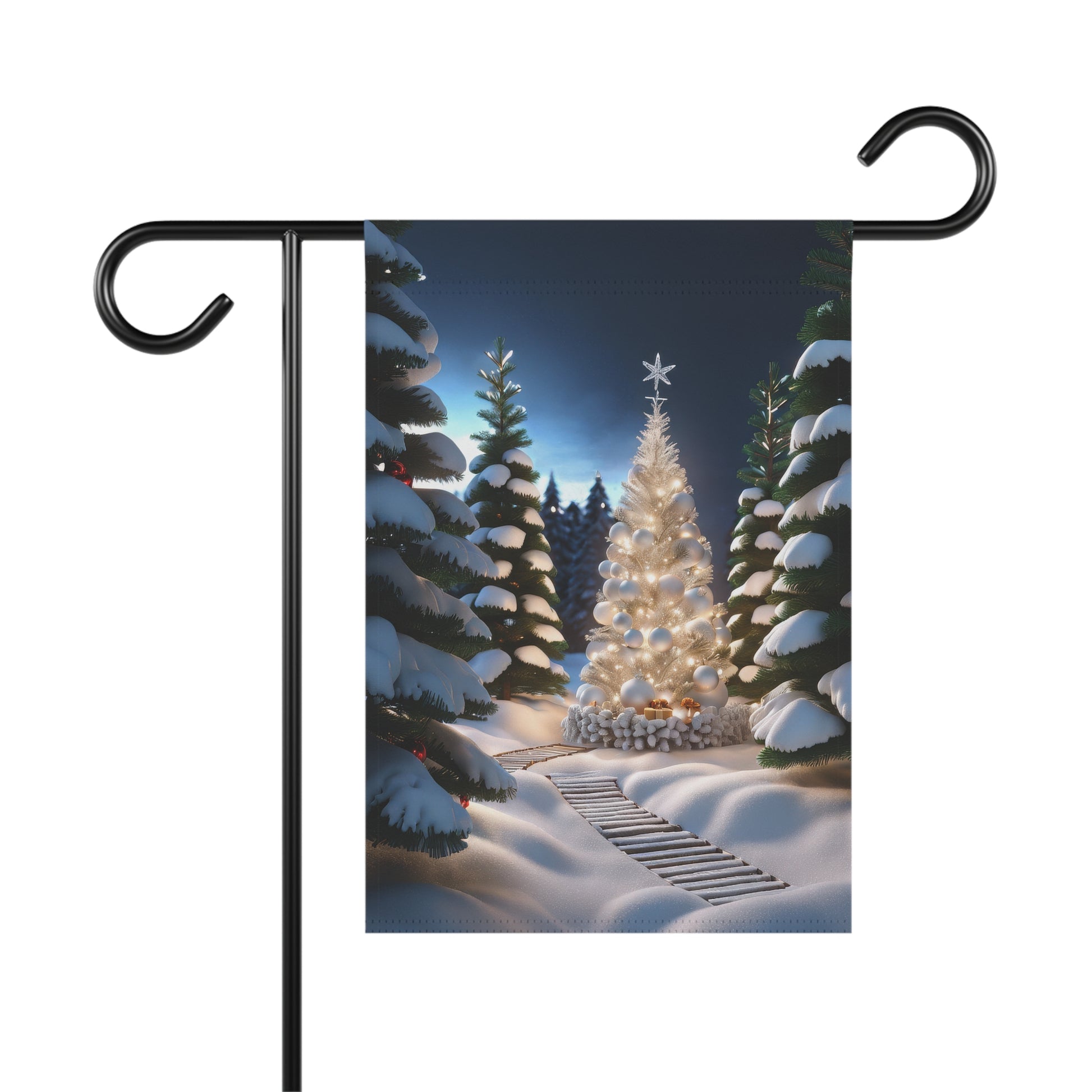 Magical illuminated white Christmas tree garden flag in a snowy forest at twilight, with other snow-covered evergreens and a wooden path, serene holiday outdoor decor.

