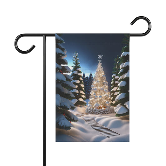 Magical illuminated white Christmas tree garden flag in a snowy forest at twilight, with other snow-covered evergreens and a wooden path, serene holiday outdoor decor.

