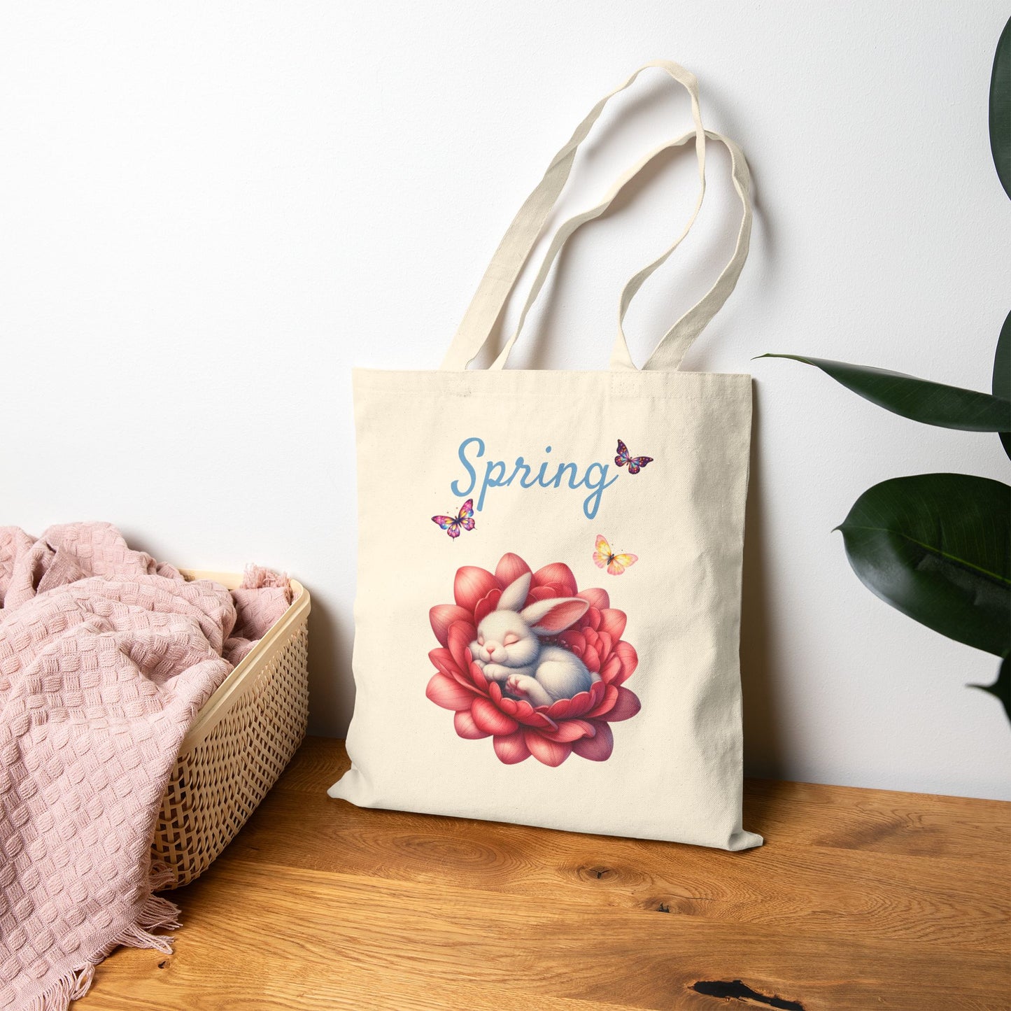 Adorable Sleeping Bunny & Floral Canvas Tote Bag