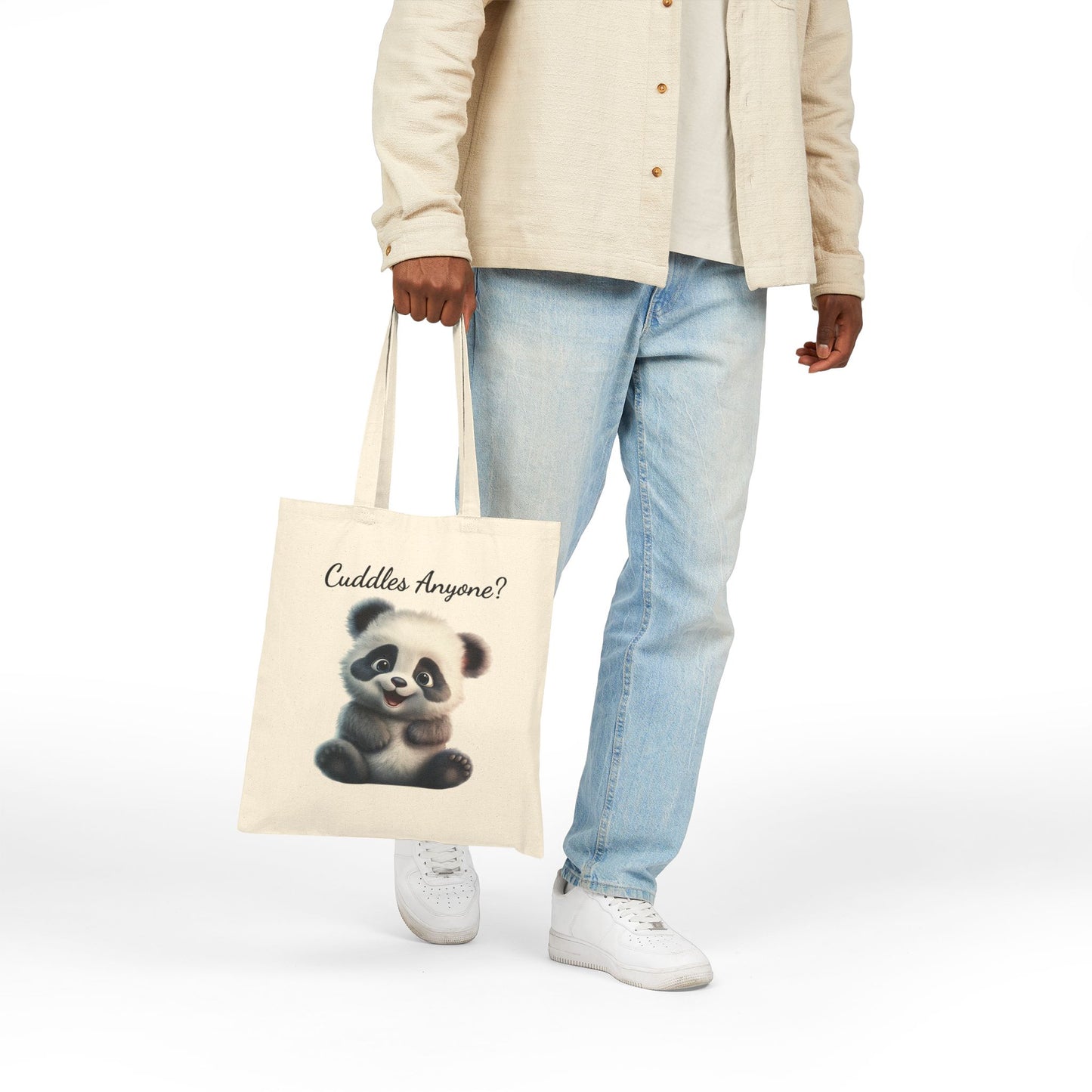 "Cuddles Anyone?" Cute Panda 100% Cotton Canvas Tote Bag