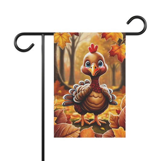 Fall garden flag with cute cartoon turkey and colorful autumn forest leaves