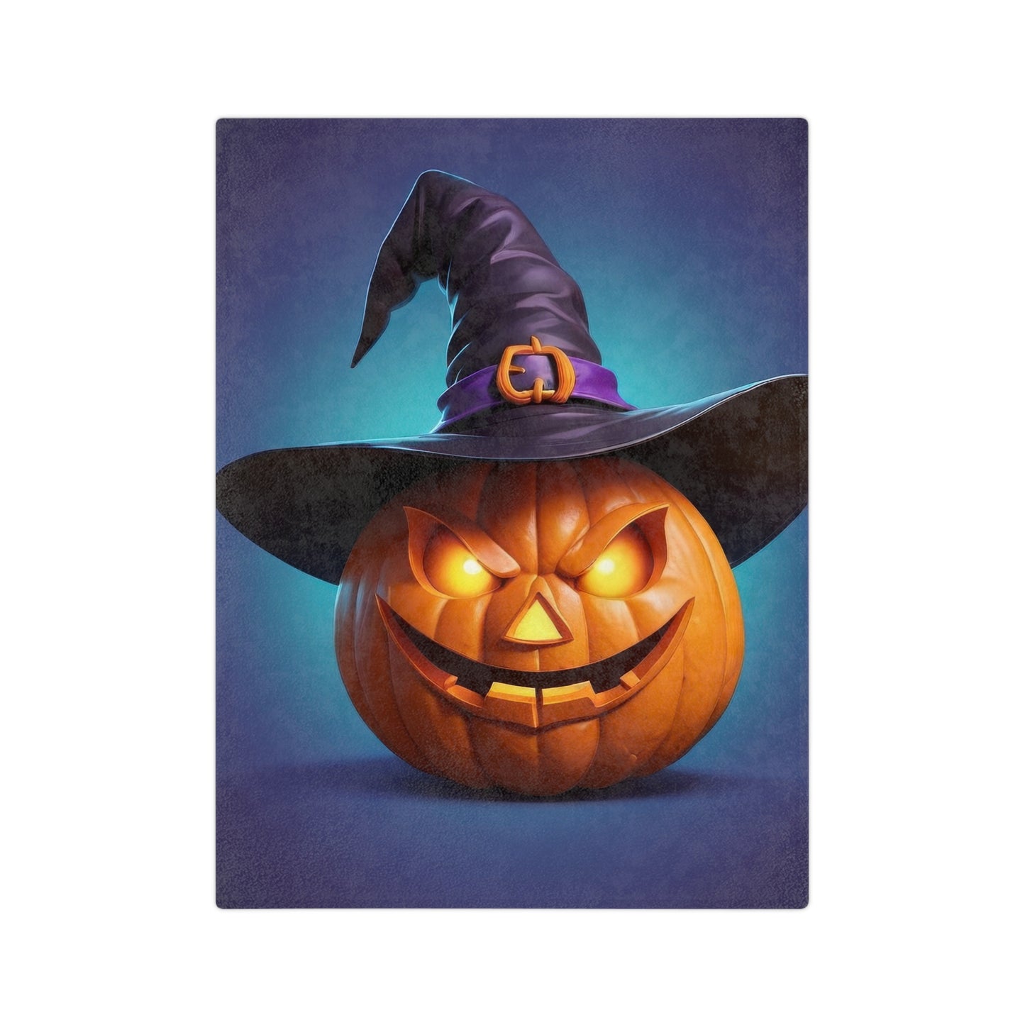 Halloween blanket with an ominous glowing jack-o'-lantern wearing a witch hat with a purple band, spooky pumpkin decor.

