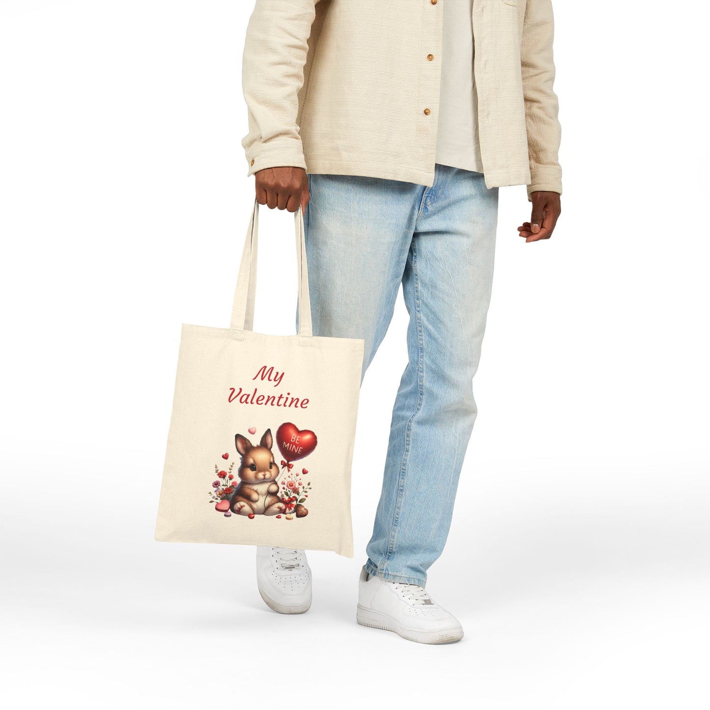 My Valentine Bunny Canvas Tote Bag with 'Be Mine' Balloon