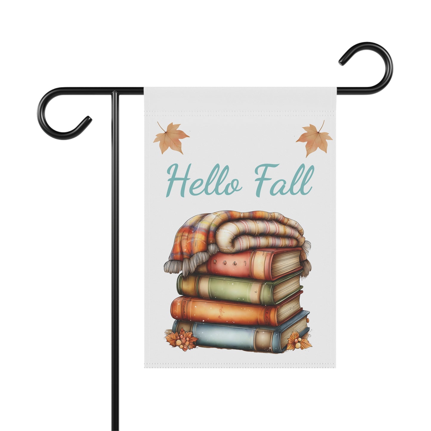 Hello Fall garden flag featuring a cute illustration of a stack of vintage books in shades of red, green, orange, and blue, topped with a cozy plaid blanket and autumn leaves.
