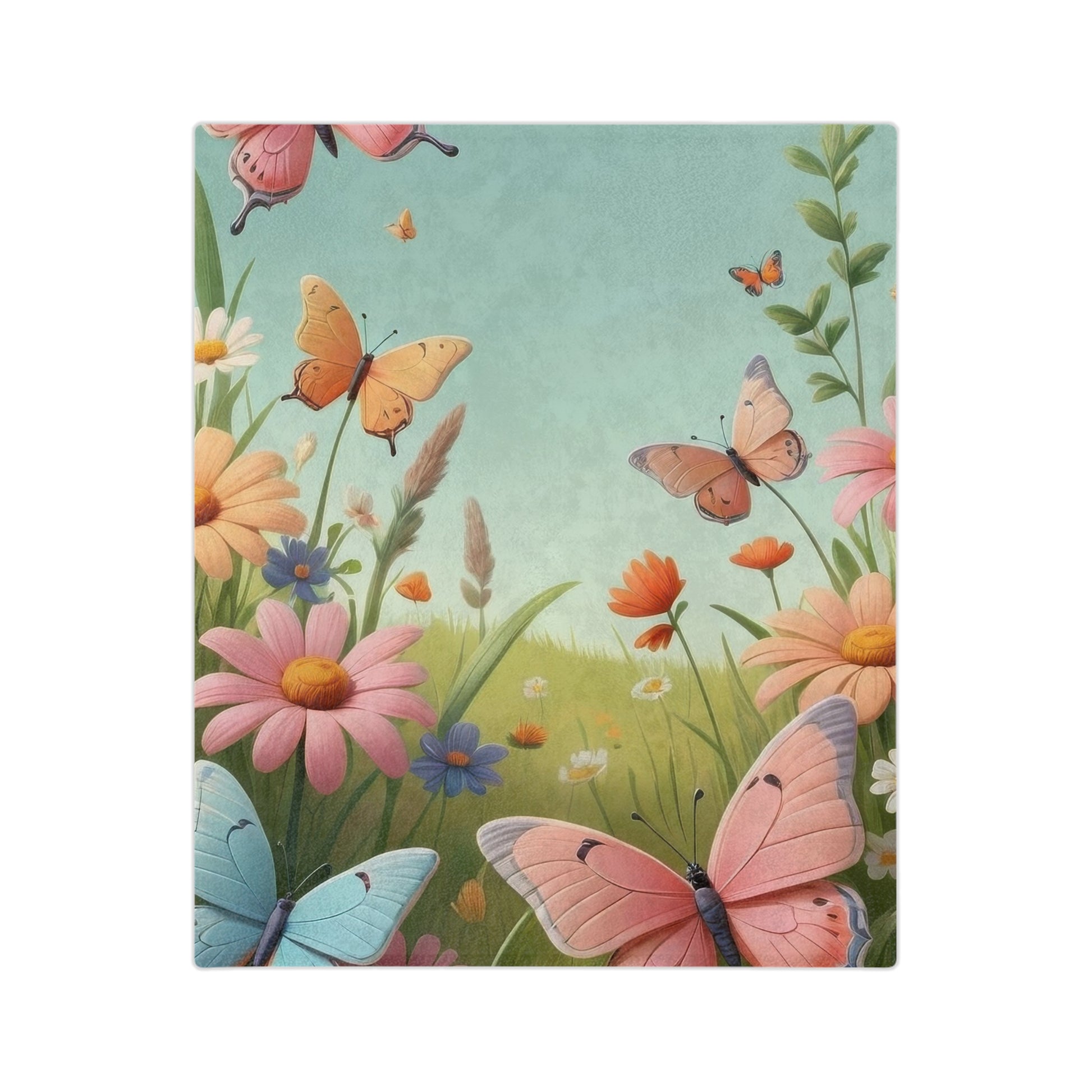 Lightweight velveteen blanket with a vibrant print of pink, orange, and blue butterflies flying over a field of colorful spring flowers under a light blue sky.