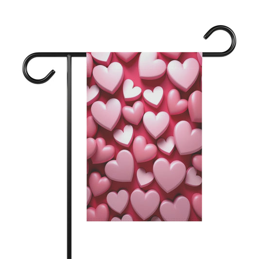 Valentine garden flag with 3D pink hearts pattern on red background