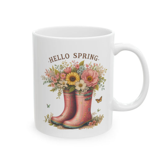 "Hello Spring" Floral Rain Boot Coffee Mug