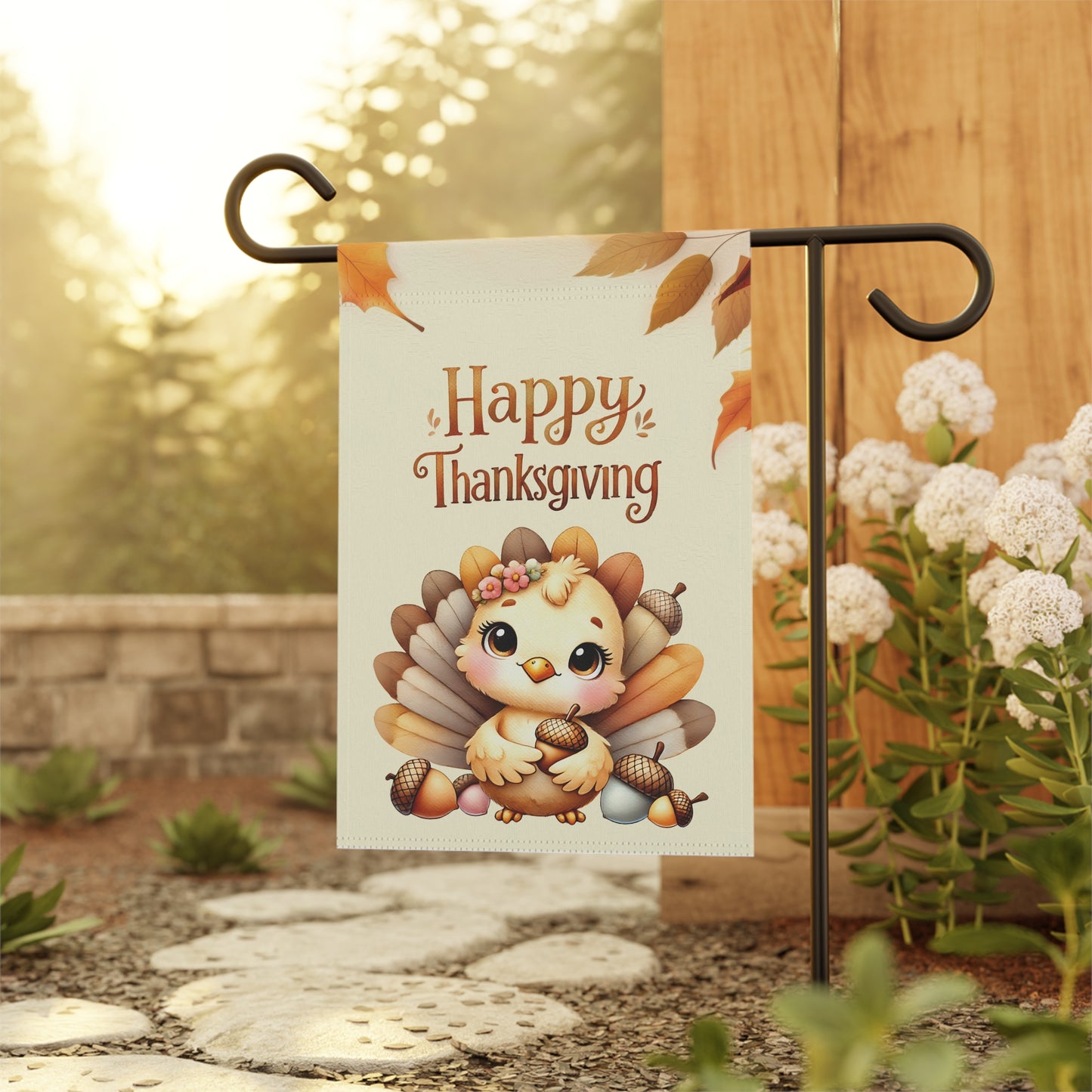 Happy Thanksgiving Garden Flag with a Cute Baby Turkey Flag