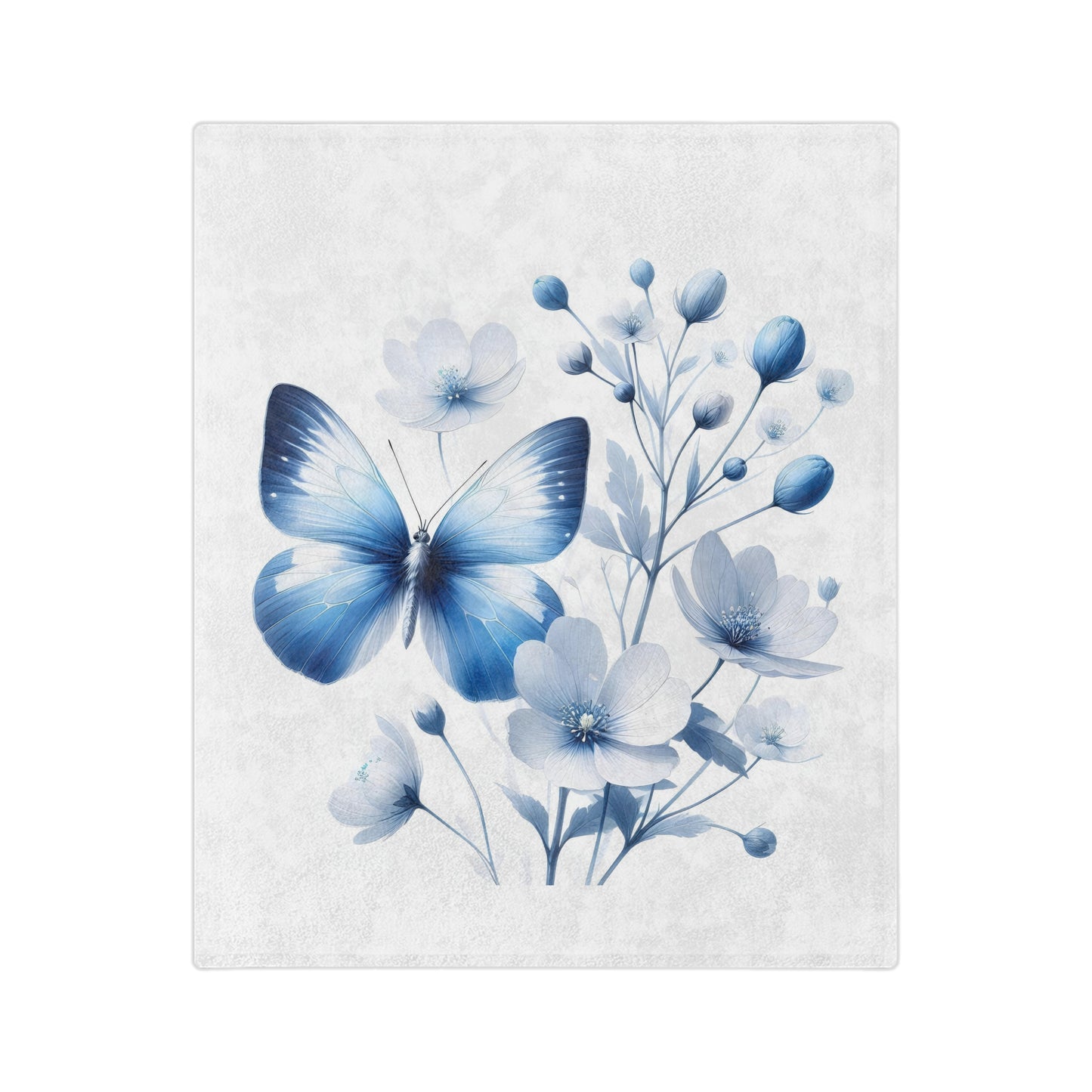 Lightweight white velveteen blanket with a central illustration of a large blue butterfly with white accents flying near a cluster of delicate white and pale blue flowers with buds and subtle gray-blue foliage.

