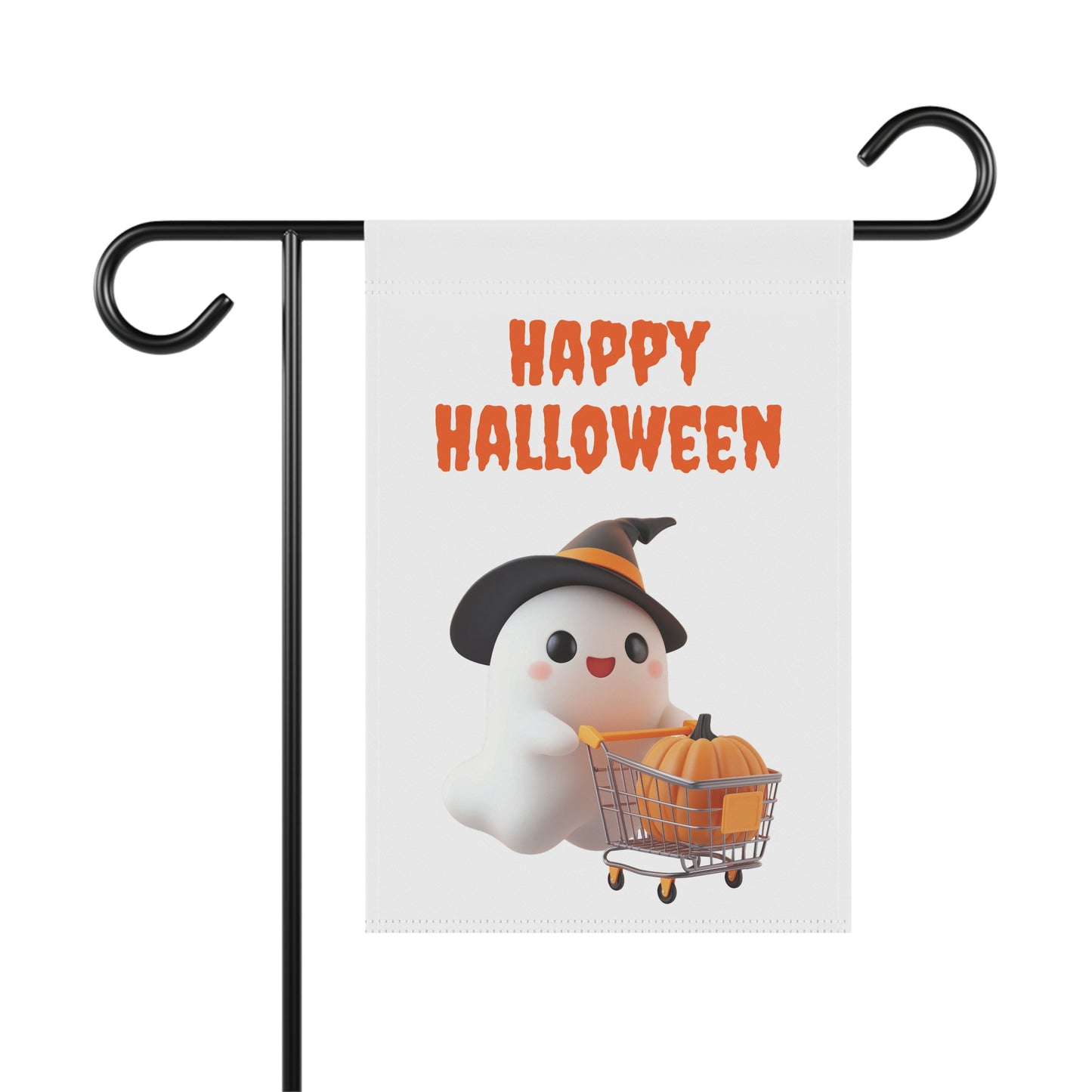 “Cute ghost in witch hat with pumpkin cart and ‘Happy Halloween’ text on garden flag – kid-friendly Halloween décor”