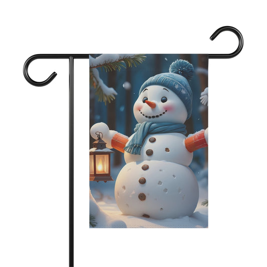 Smiling snowman garden flag with blue hat and scarf, holding a lantern in a snowy forest, winter holiday decor, outdoor flag.

