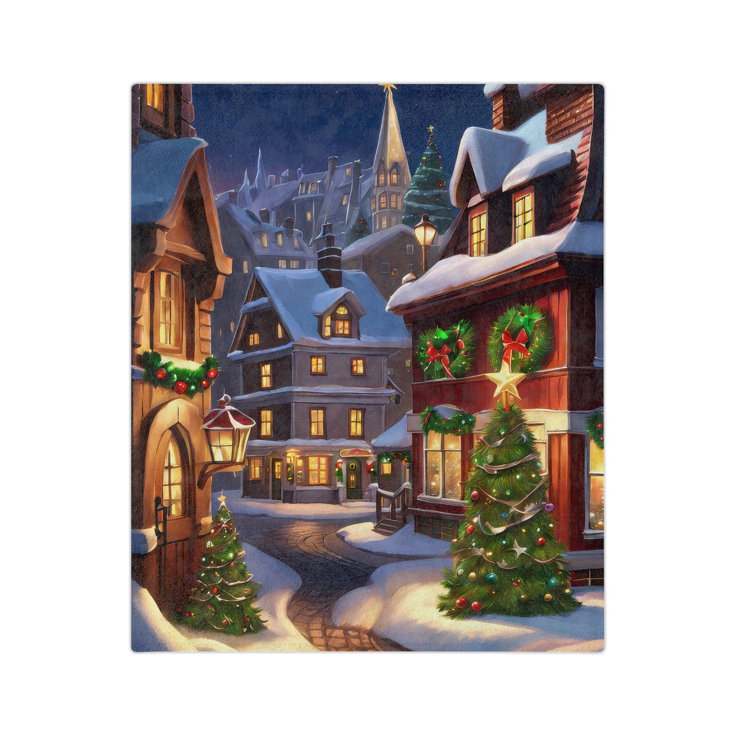 Cozy Christmas village scene with decorated trees and snow on velveteen plush holiday blanket
