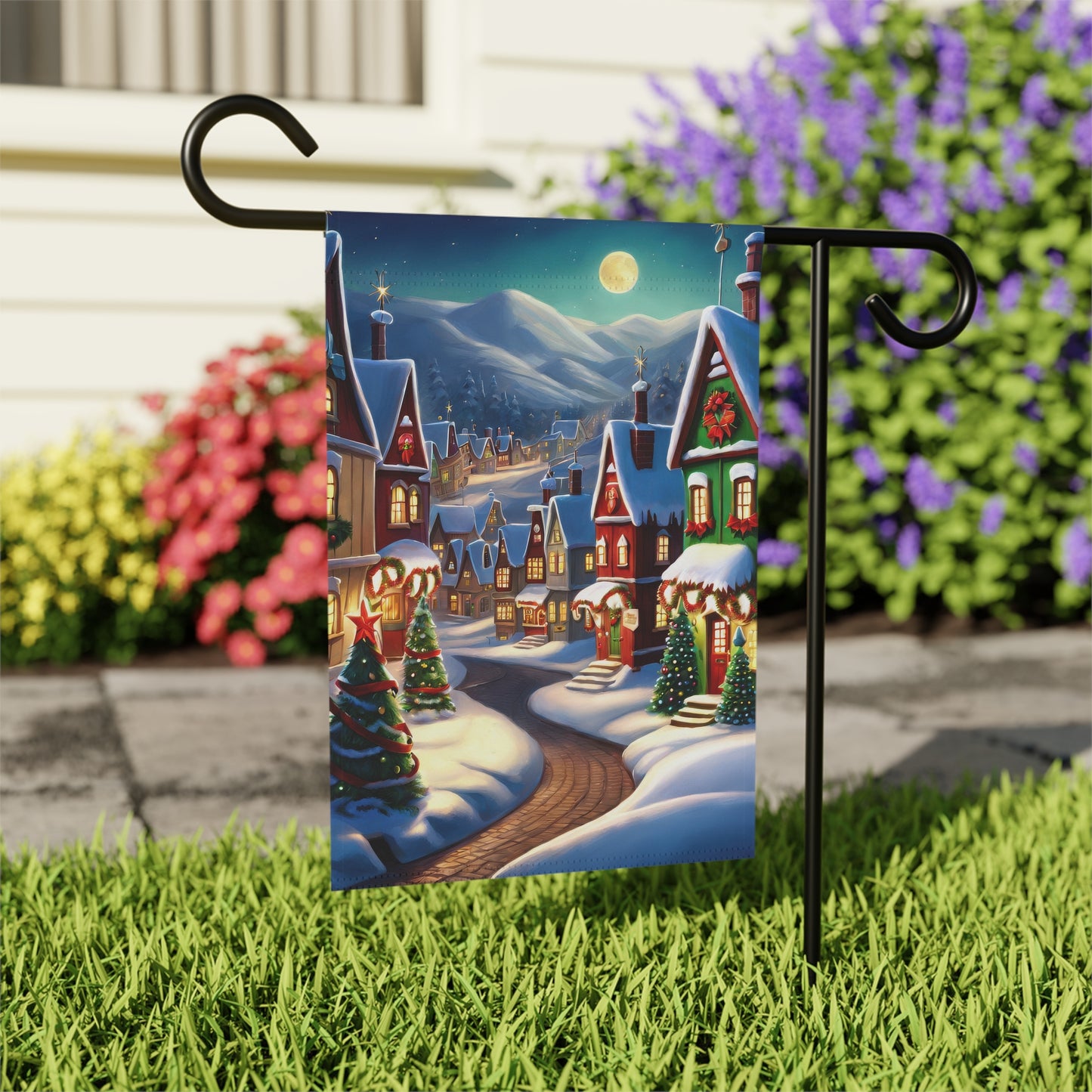 Moonlit Christmas Village Garden Flag