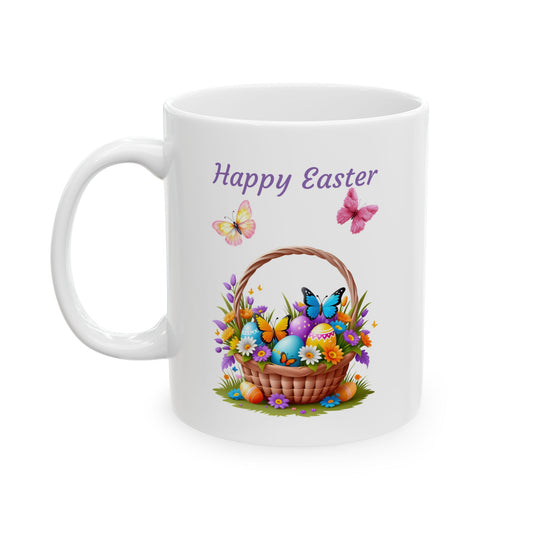 White ceramic coffee mug with "Happy Easter" in purple script, two butterflies, and an Easter basket filled with colorful decorated eggs and flowers.

