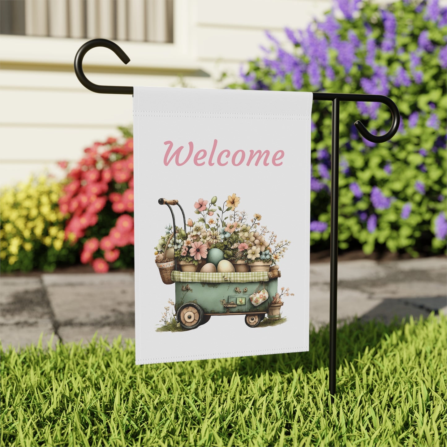 Vintage Flower Wagon Welcome Flag