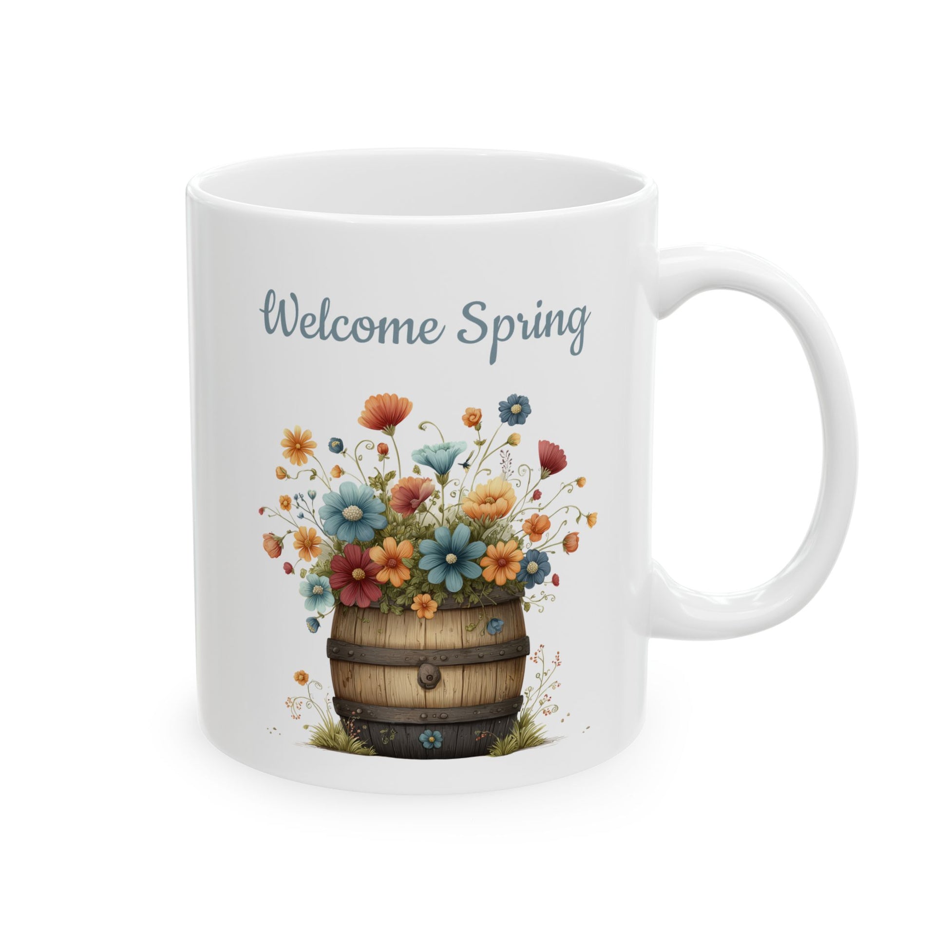 Rustic wooden barrel blooming with colorful wildflowers under soft blue Welcome Spring text ceramic coffee mug