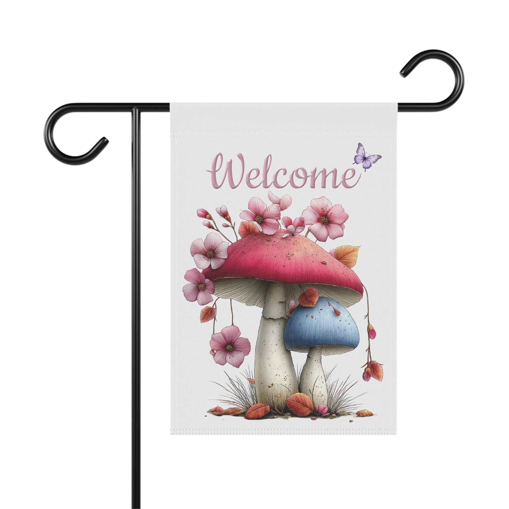 Pink and blue mushrooms adorned with soft pink flowers and a purple butterfly under Welcome text garden flag