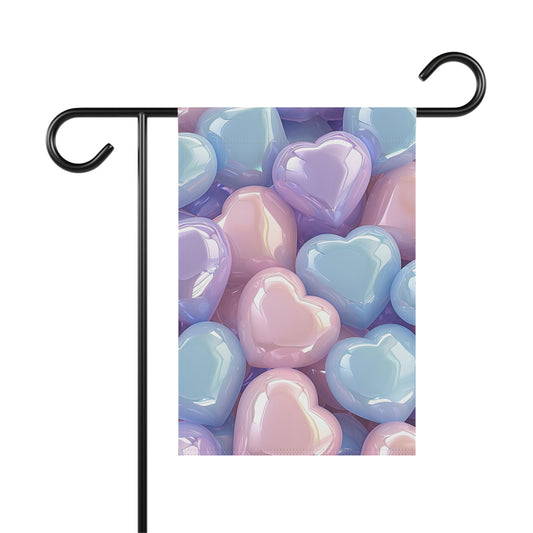 Glossy pastel heart cluster garden flag with 3D hearts in pink, blue, lavender, and purple for Valentine’s Day yard decor
