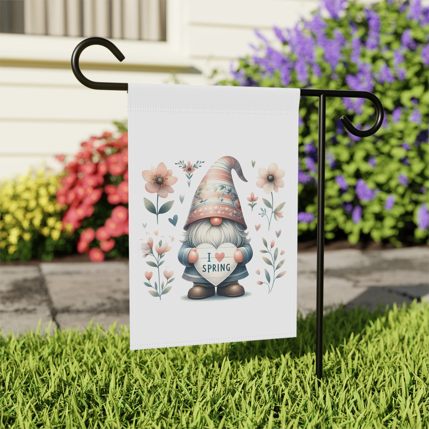 "I Love Spring" Gnome Garden Flag with Flowers
