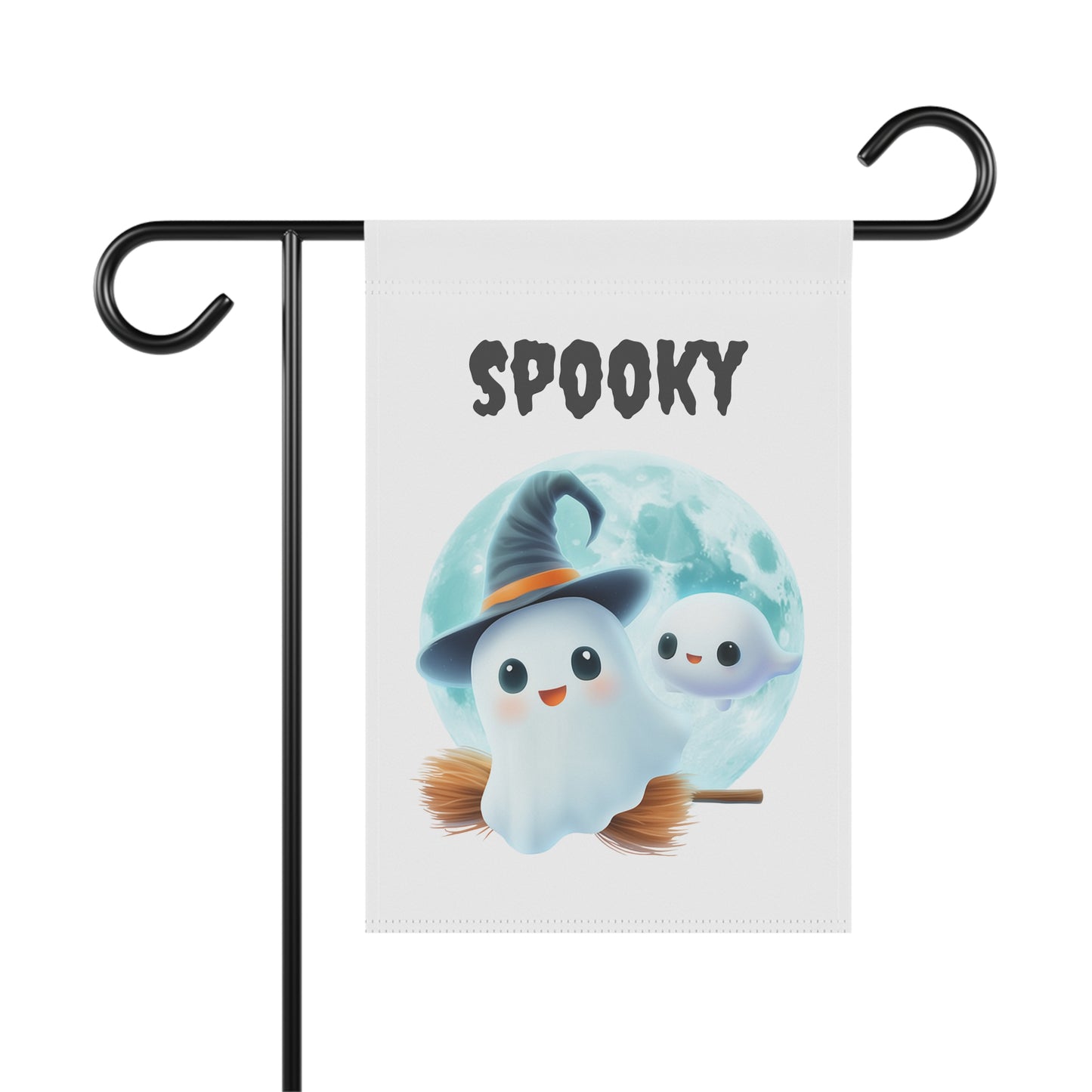 Cute ghost wearing a witch hat riding a broomstick with a small ghost and full moon below Spooky text on a white garden flag, White Halloween garden flag on a metal stand featuring cute broom-riding ghosts and full moon artwork, Cute ghost witch full moon garden flag for Halloween outdoor front porch and yard decor