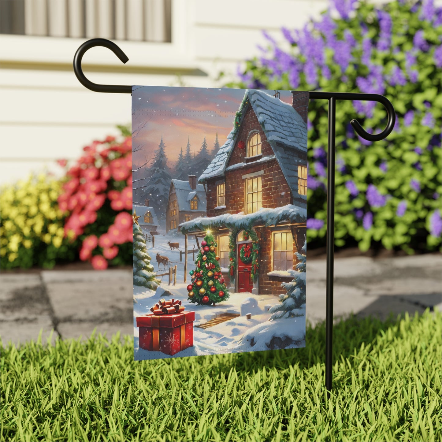 Cozy Christmas Cottage Garden Flag