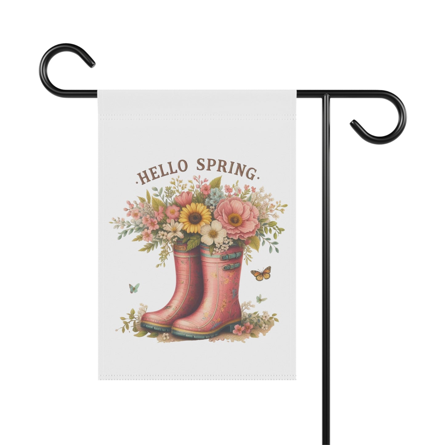 Cute "Hello Spring" Garden Flag with Floral Rain Boots