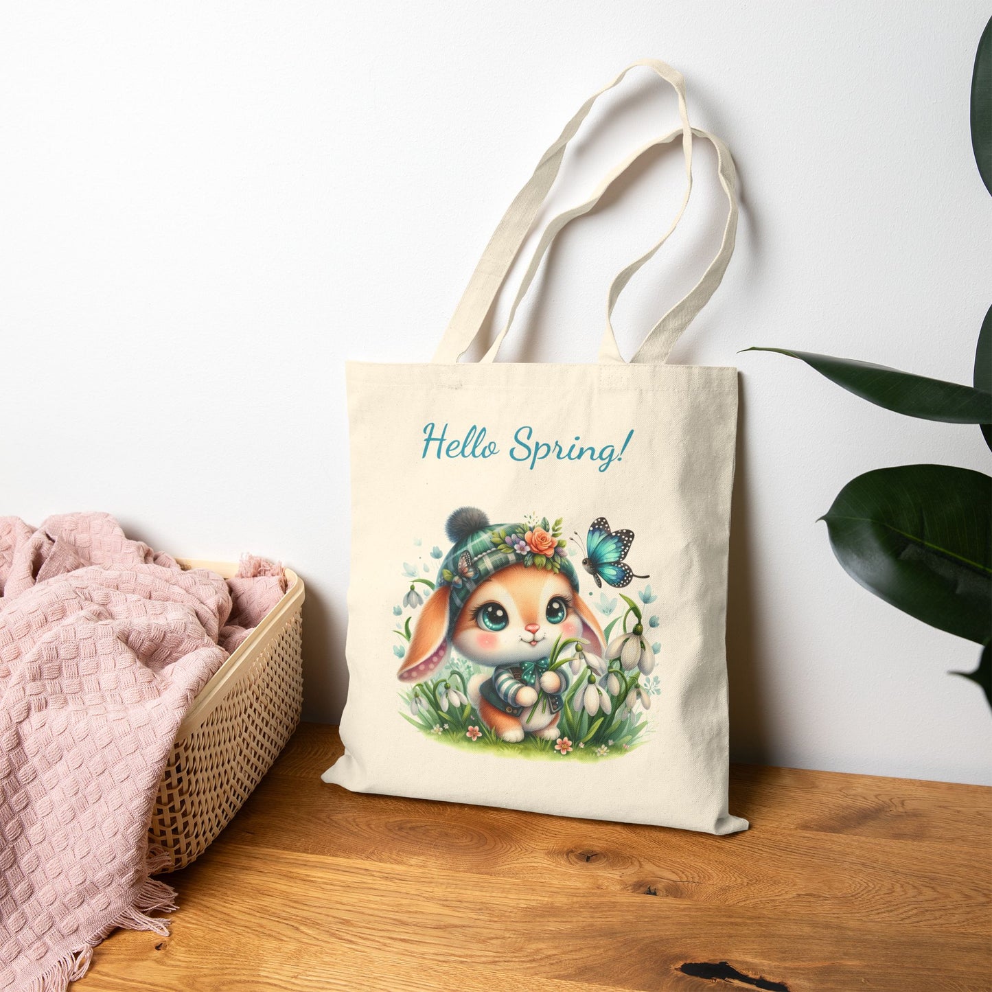 Adorable "Hello Spring" Bunny with Butterfly Canvas Tote Bag