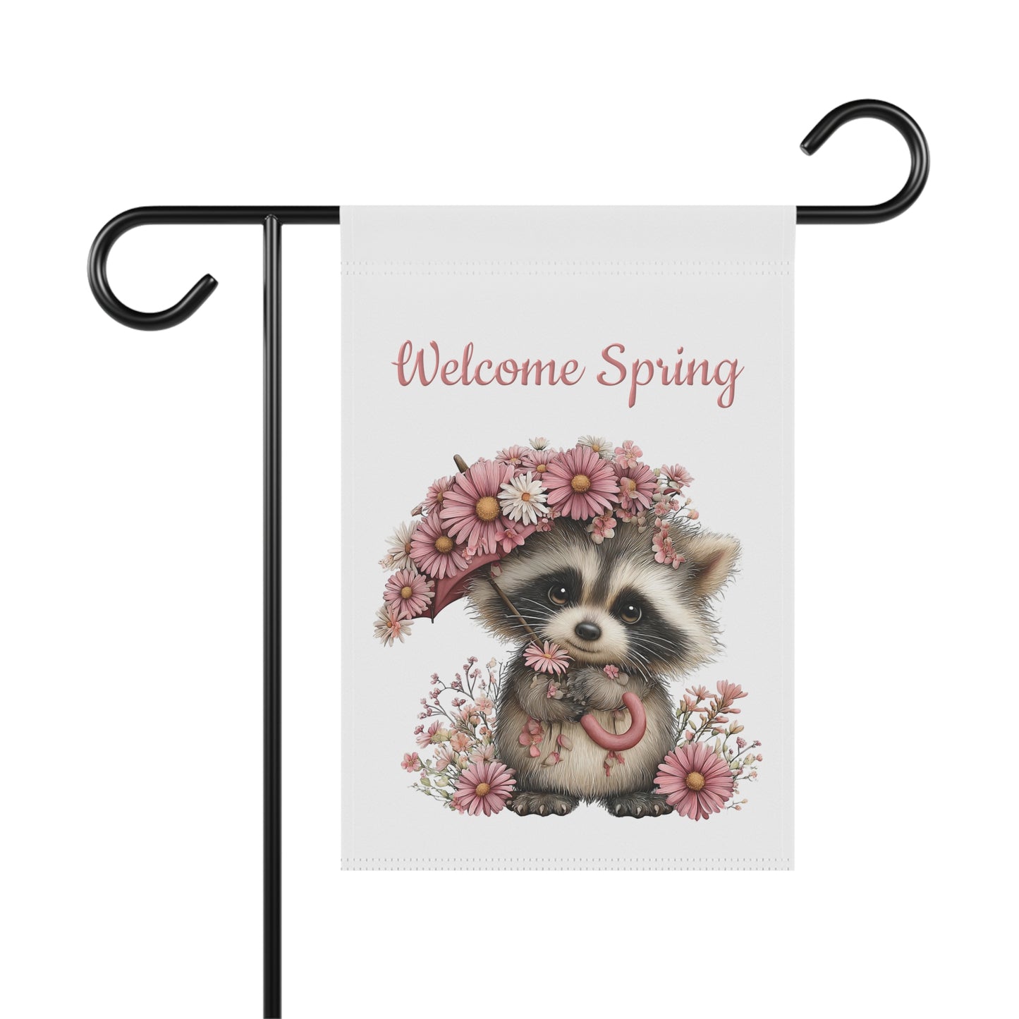 Spring garden flag featuring an adorable baby raccoon holding a pink floral-covered umbrella surrounded by pink daisies beneath pink script text reading Welcome Spring.