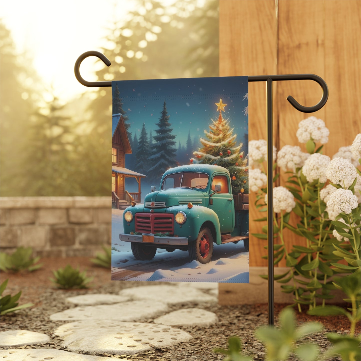 Vintage Truck with Christmas Tree Flag