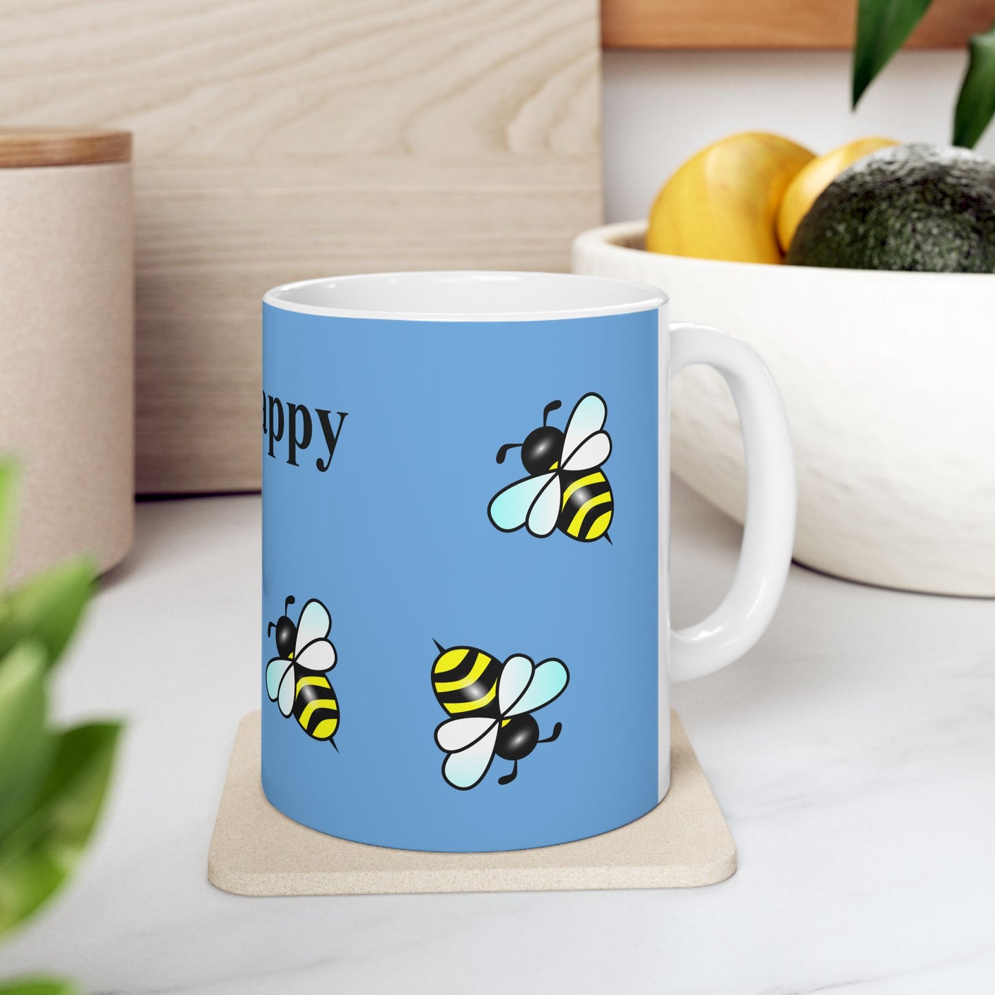 "Bee Happy" Blue Coffee Mug