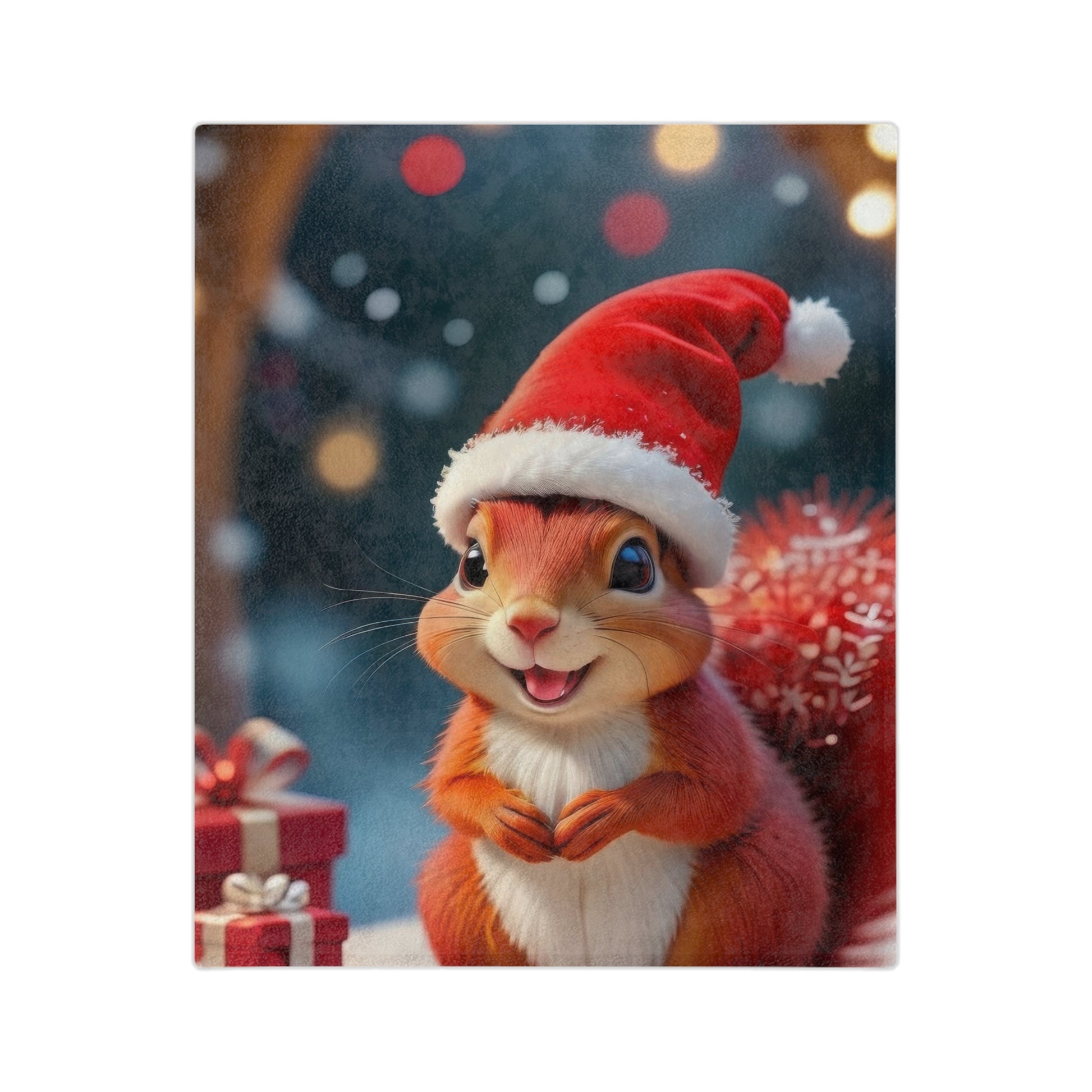 Cute squirrel wearing Santa hat with Christmas presents on plush holiday blanket