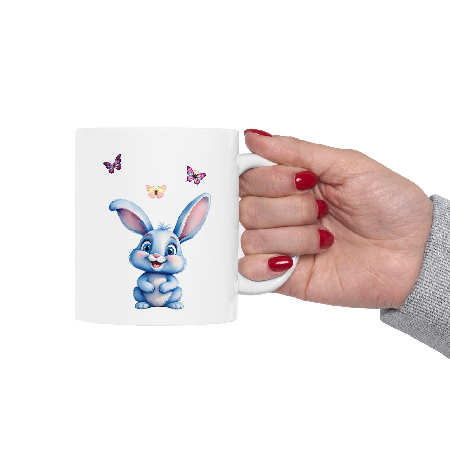 Adorable Blue Bunny & Butterflies Ceramic Mug