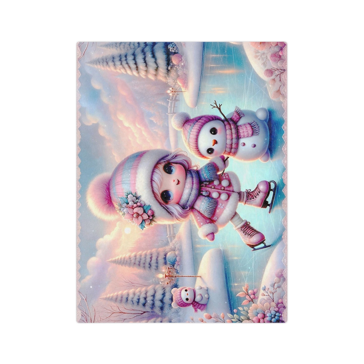 Precious Girl & Snowman Ice Skating Velveteen Blanket