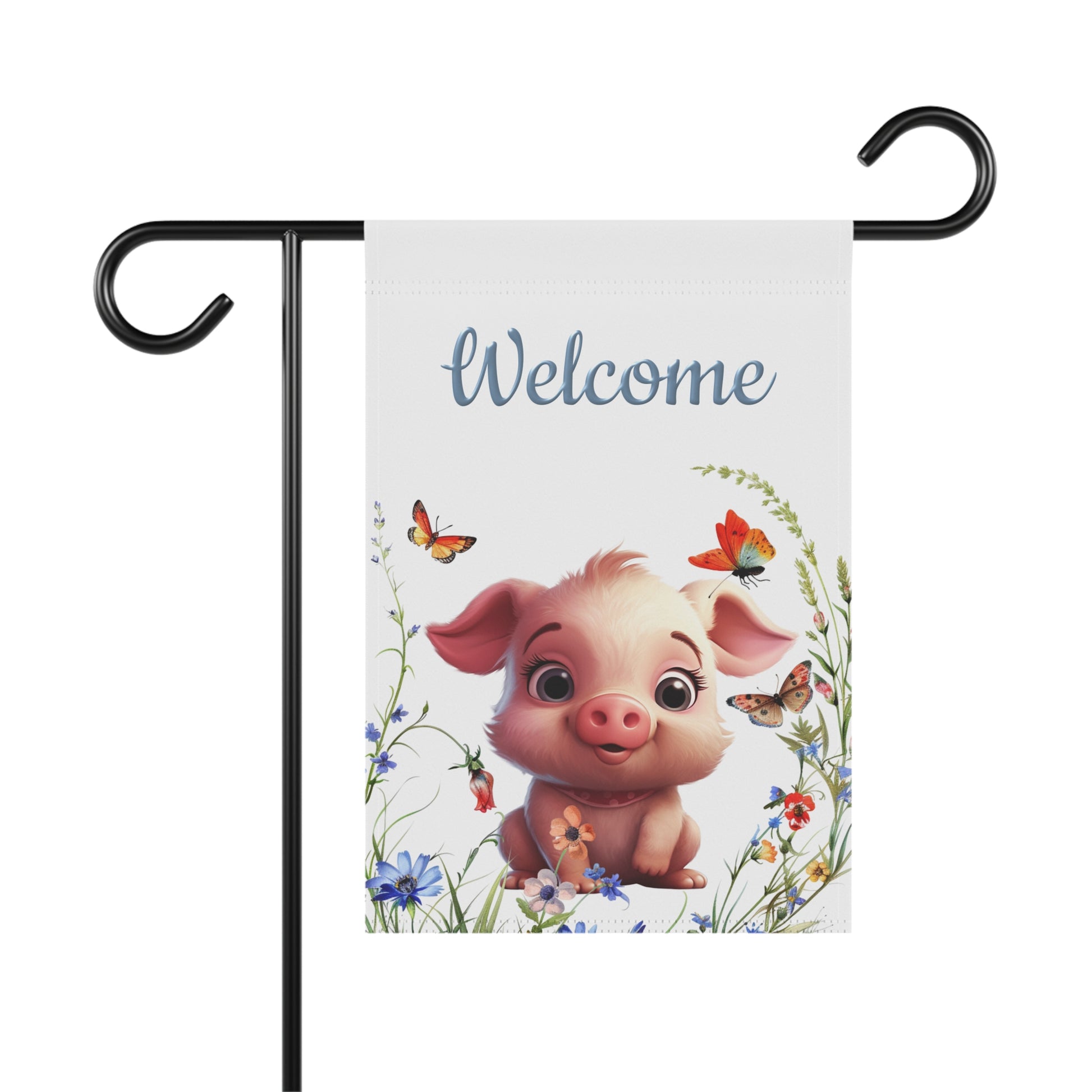 A decorative garden flag hanging from a black metal stand against a white background. The flag features a cute cartoon pig sitting among flowers and butterflies, with the word 'Welcome' printed at the top.